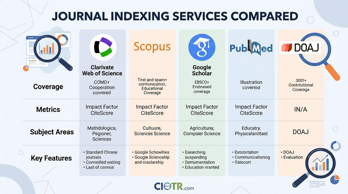 Comparison infographic of major journal indexing services — Web of Science, Scopus, Google Scholar, PubMed, and DOAJ — by coverage, metrics, subject areas, and key features